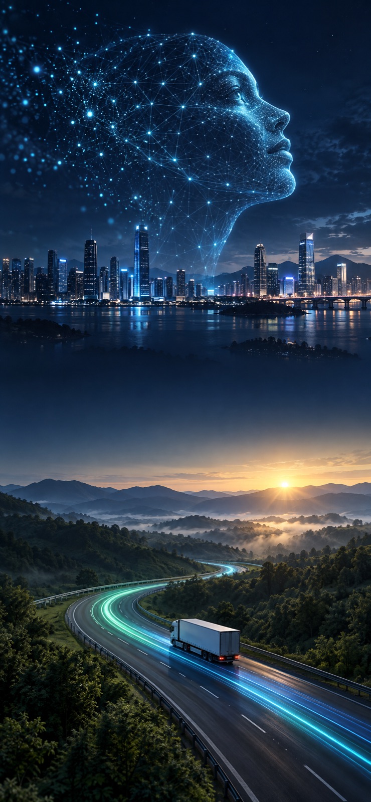 Dawn over forests and a road with trucks on green light trails, turning into night over water and a blue city. Between them, a face drawn from threads of light.